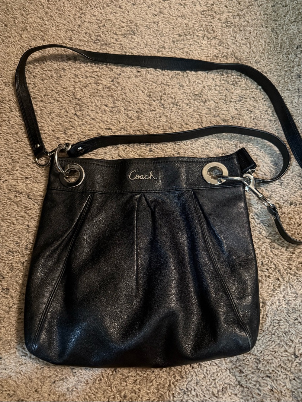 Coach Black Leather Ashley Hippie Pleated Crossbody with Silver Hardware